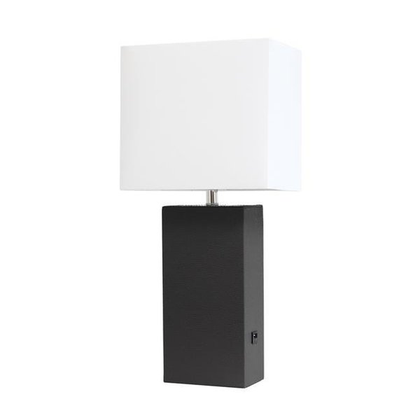 Elegant Garden Design Elegant Designs LT1053-BLK Modern Leather Table Lamp with USB & White Fabric Shade; Black LT1053-BLK